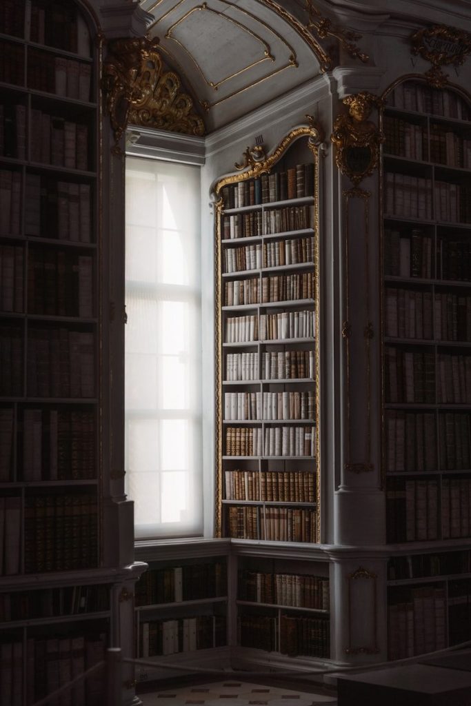 An ornate library with tall bookshelves and a large window